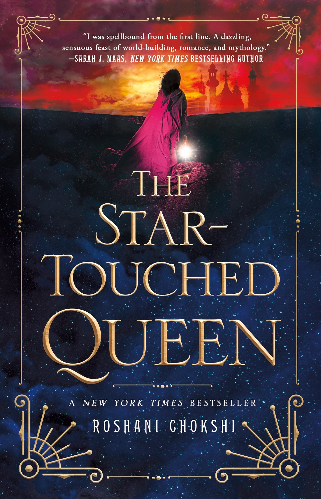 The Star-Touched Queen by Roshani Chokshi, blue starry book cover with gold title and a woman in a deep purple cape.