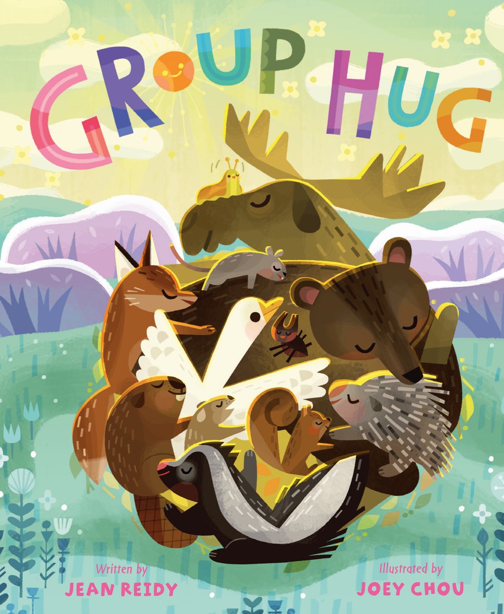 Book cover of Group Hug by Jean Reidy, Illustrated by Joey Chou, featuring a large group hug of several different creatures, including a moose, a bear, a porcupine, a goose, and skunk, and more.