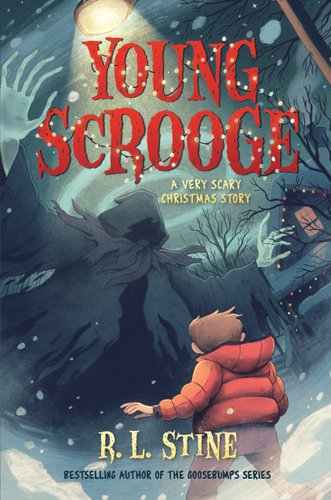 Young Scrooge by R.L. Stine, book cover. A young boy in a coat faces a hooded figure towering over him in the snow.