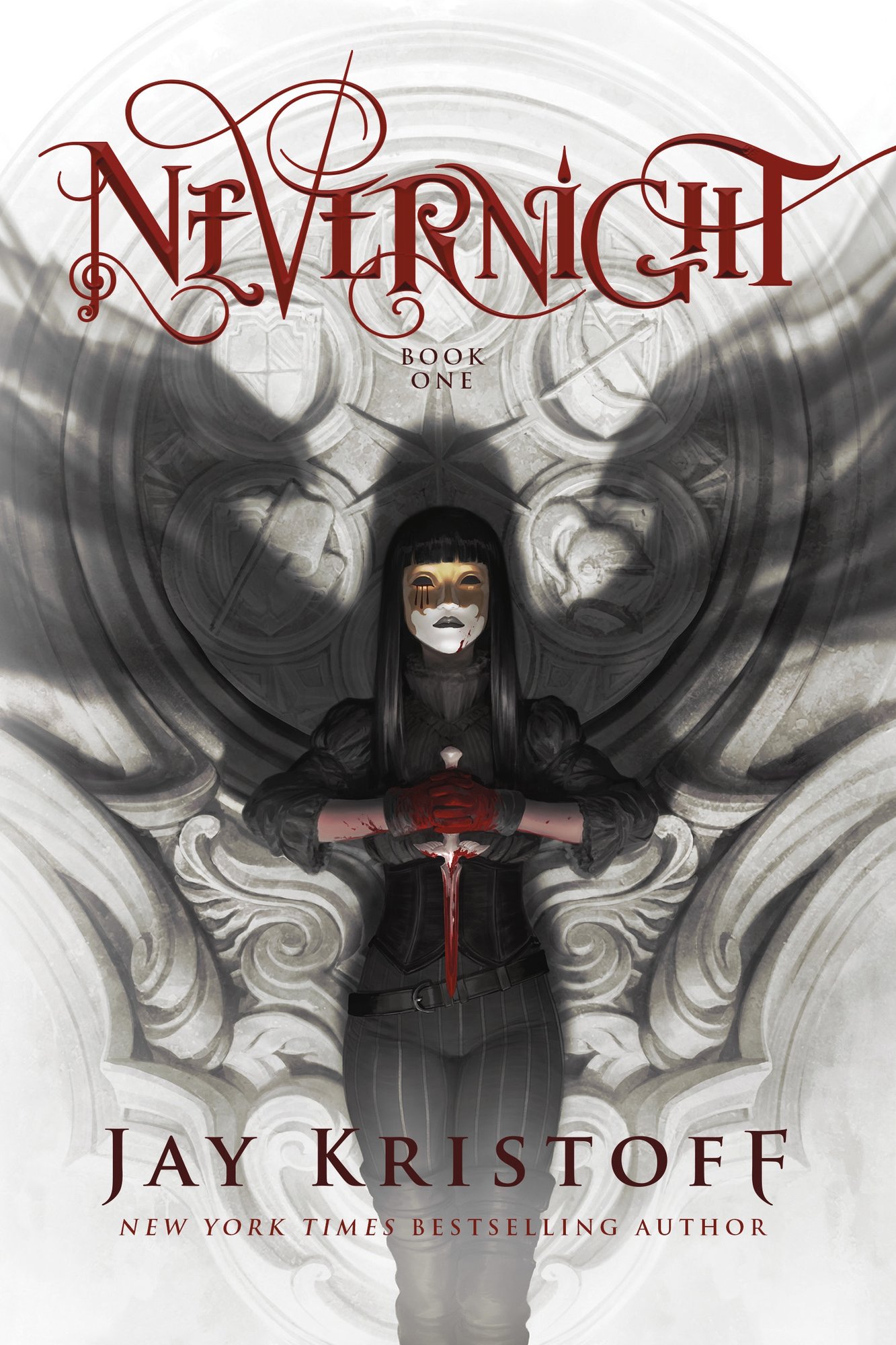 Cover of Nevernight by Jay Kristoff. There is a woman standing in the center with a mask, holding a bloody blade. She has shadow wings and is against a white background with intricate patterns.
