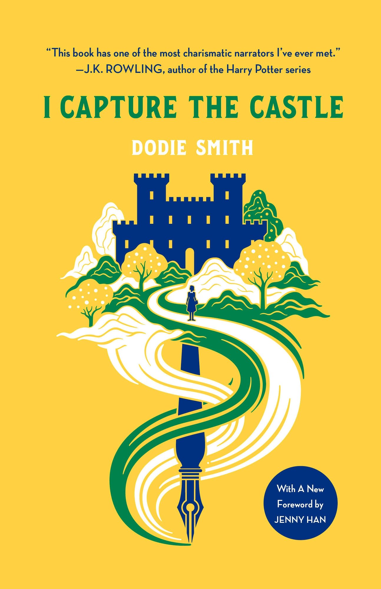 I Capture the Castle by Dodie Smith book cover on a vibrant yellow cover sets a bold, sunny tone, centered with a stylized illustration of a blue castle perched atop an uneven, winding white and green path that curves down toward the bottom. The path hints at both journey and whimsy. Above the scene, the title I Capture the Castle is presented in elegant, slightly whimsical green serif type, with a decorative flourish or subtle curve embedded in the lettering. The author’s name, Dodie Smith, appears below in a classic, understated font.