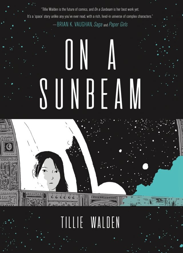 A black background with white dots that look like stars and a girl with black hair looking out a domed window