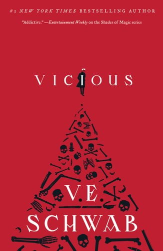 "Vicious" by V.E. Schwab red book cover of Victor in black walking away as he leaves a trail of bones of different body parts.