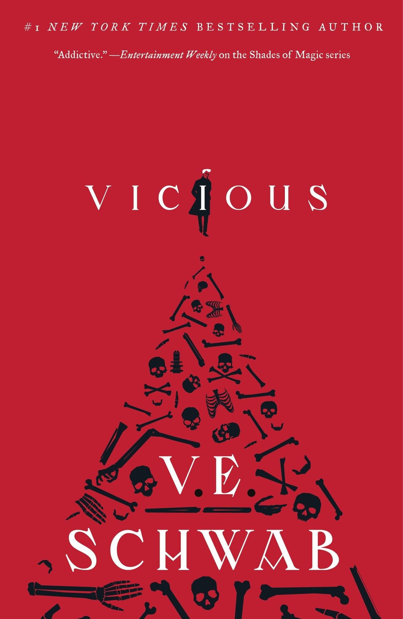 Cover of vicious by V. E. Schwab. There is a red background with a small man walking away from the front of the cover. Following him is a triangular trail of bones and skulls.