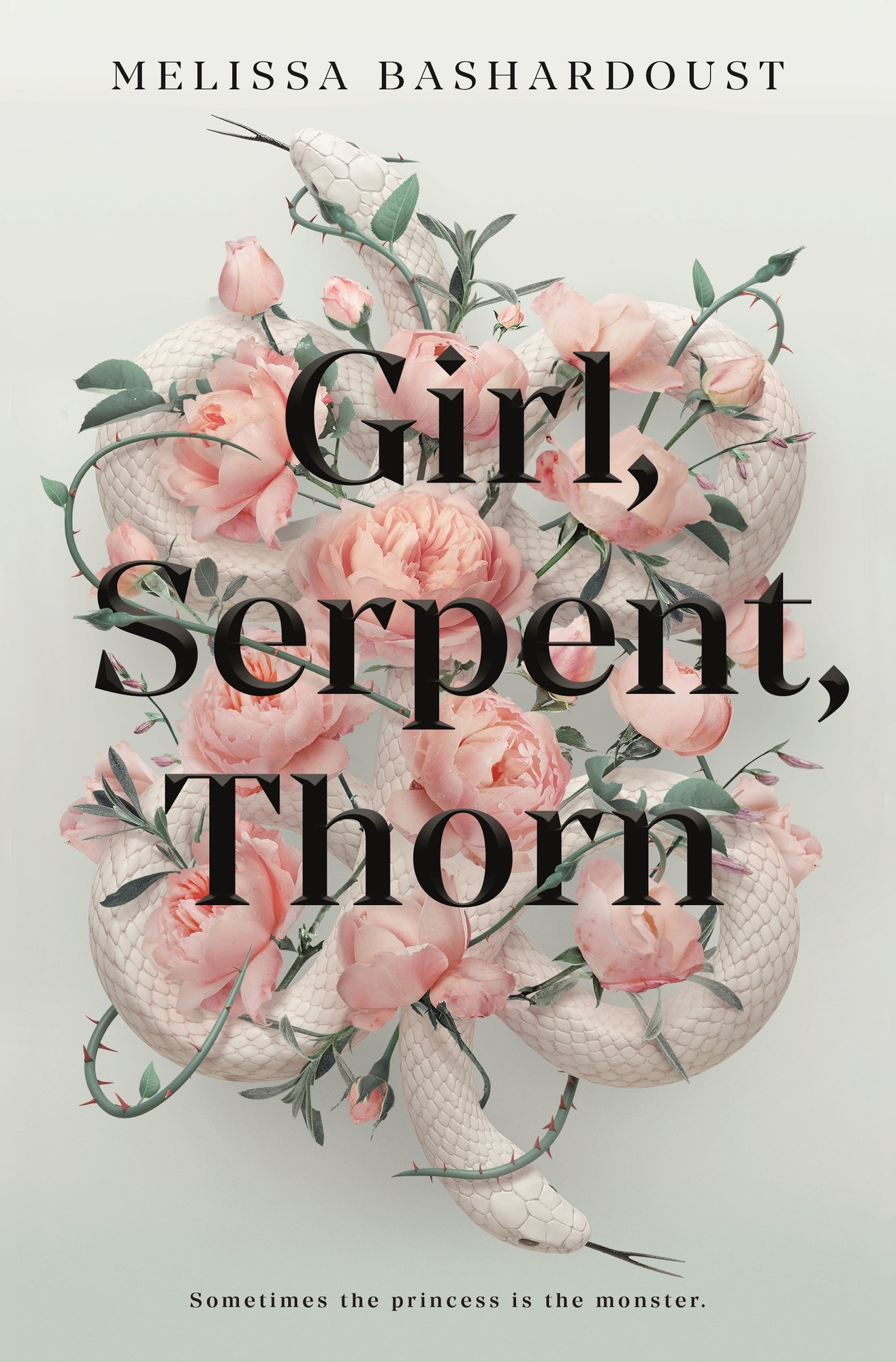 Book cover is Girl, Serpent, Thorn by Melissa Bashardoust. A white background, with a white snake and a pink and green rose, entertwining together. It looks knotted and compicated. The title rests above that image.