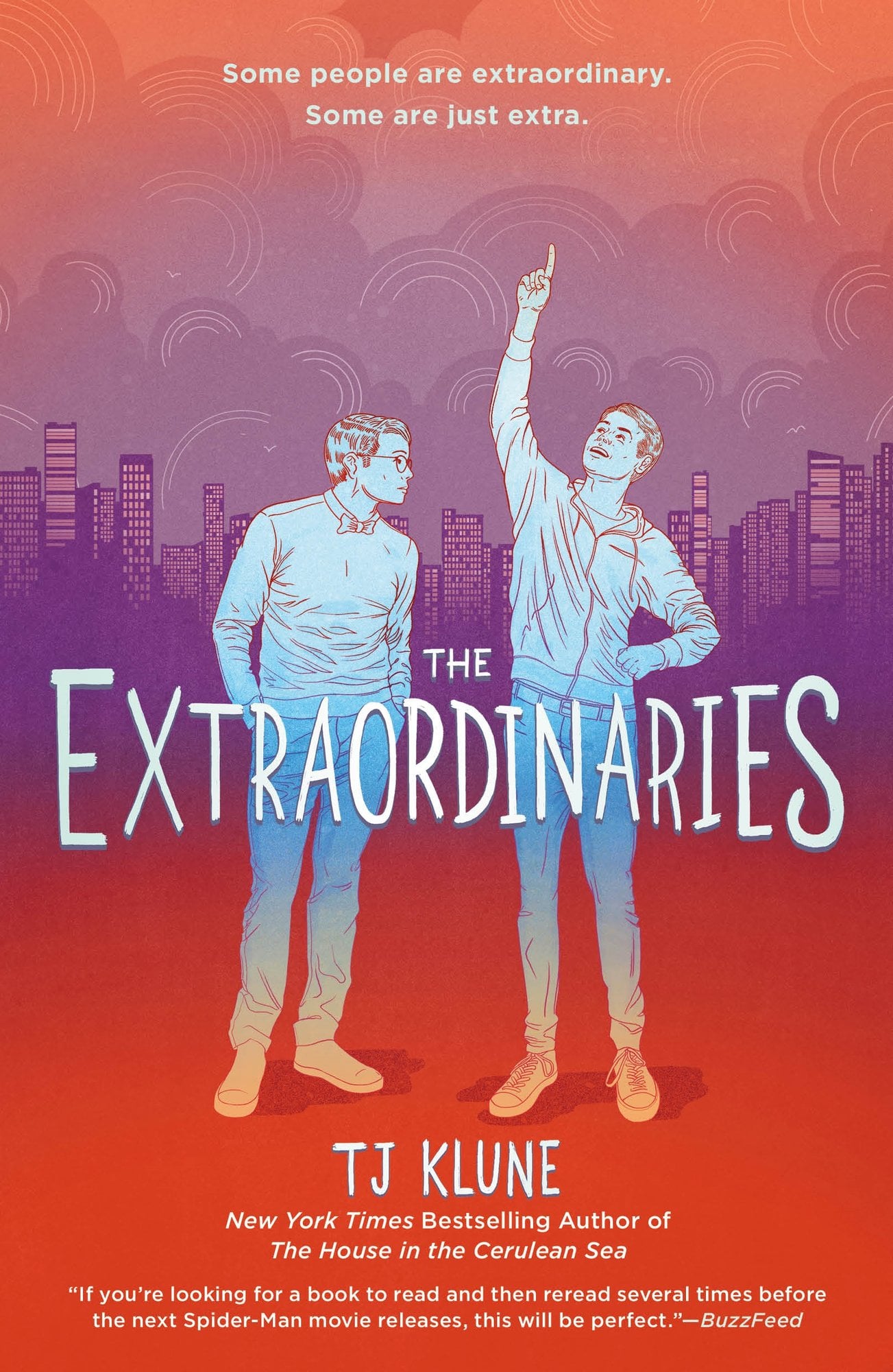 The Extraordinaries by TJ Klune, an orange gradient book cover with two illustrated figures behind the title.
