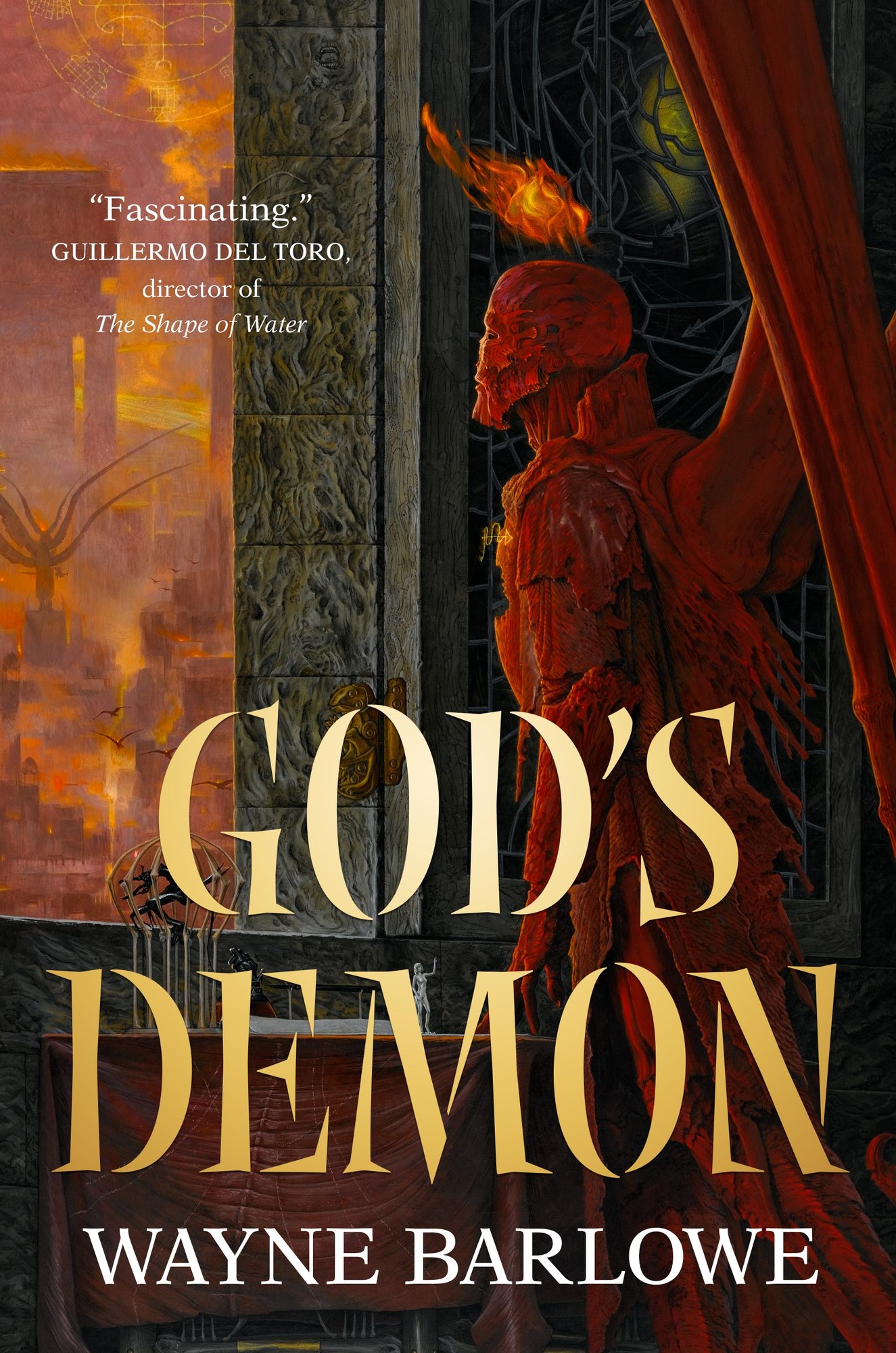 God's Demon, a dark fantasy novel book cover with a red human-like figure with wings staring out of a cathedral window at buildings that appear to be in flames.