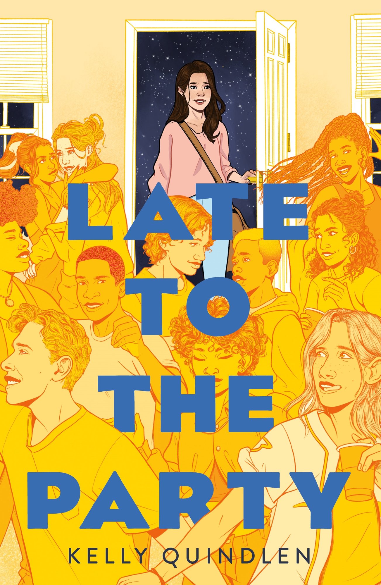 Late to the Party by Kelly Quindlen shows Codi opening a door with the galaxy behind her. The rest of the cover is a yellow illustration of people at a house party talking and passing one another.
