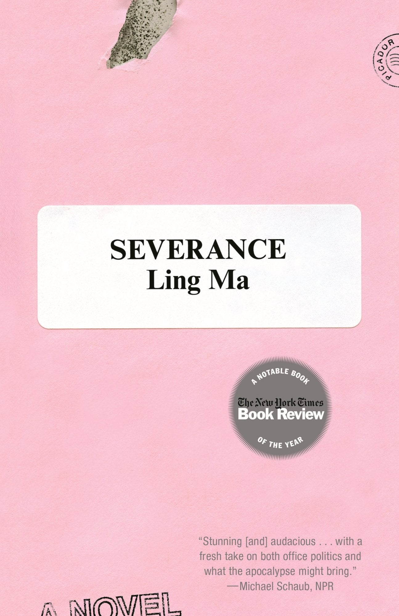 The cover of Severance, a post-apocalyptic satire, features a pink background with a white rectangle and the title in the center.