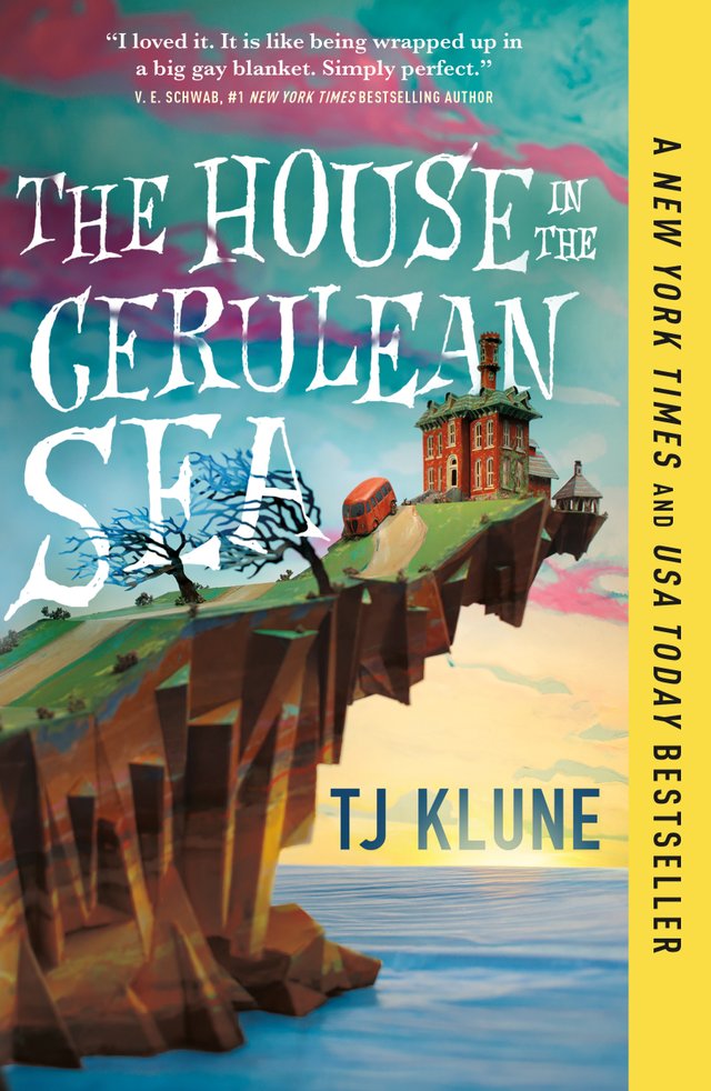 The House in the Cerulean Sea by TJ Klune, book cover. A two-story brick house sits on the very top of a large cliff. Below the cliff is a vast ocean and sunset.