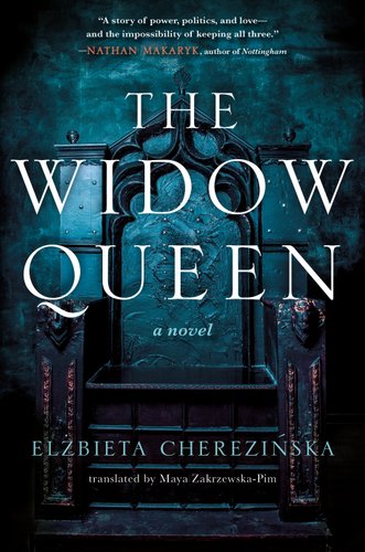The Widow Queen by Elzbieta Cherezinska book cover featuring a dark black throne in front of a dark green backdrop.