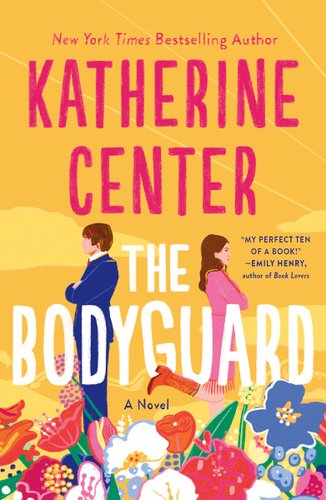 Two people face away from each other with their arms crossed. The author's name is big and bolded pink across the top. The title sits between the two people in large, white letters. Flowers decorate the bottom of the cover. The background is an orange-yellow color.