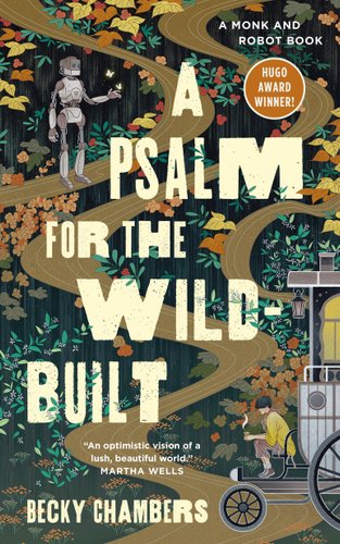 Book cover of a robot and a man on an abstractly drawn nature path