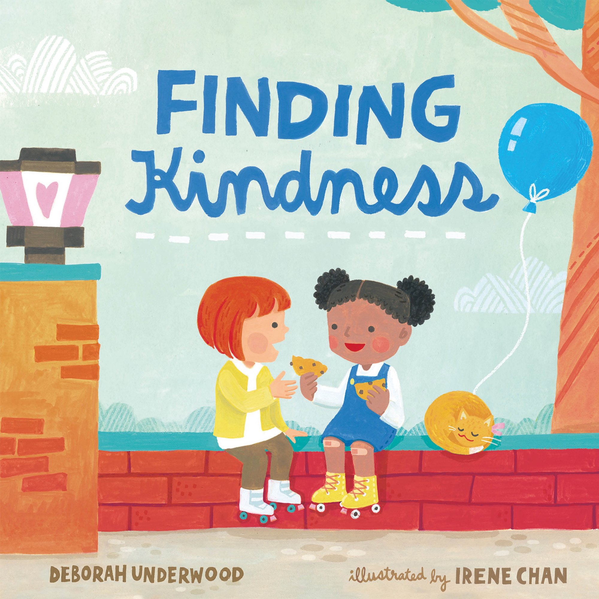 Finding Kindness by Deborah Underwood, Illustrated by Irene Chan, a children's book cover depicting two children, one with black hair on the right wearing a blue overalls dress, and a girl with short red hair on the left wearing a yellow sweater. The girl on the right is depicted sharing a snack with the girl on the left.