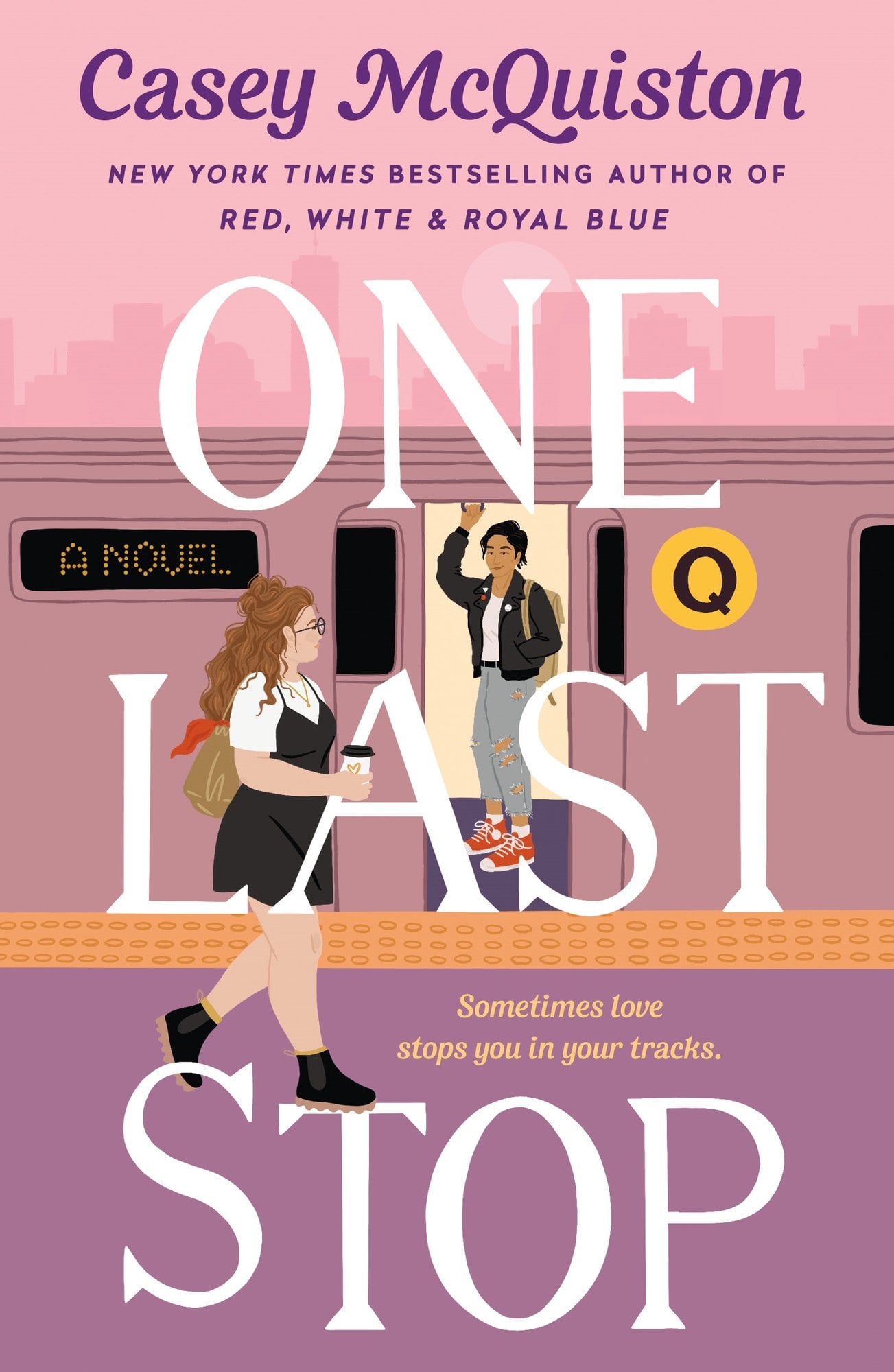 One Last Stop by Casey McQuinston, a romance novel book cover depicting two women looking at each other, one is on a train and the other is walking by.