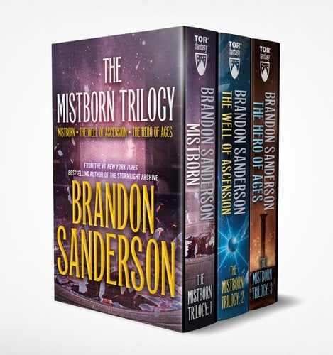 A three book box set of the Mistborn Trilogy by Brandon Sanderson. The box is purple and mostly covered in text.