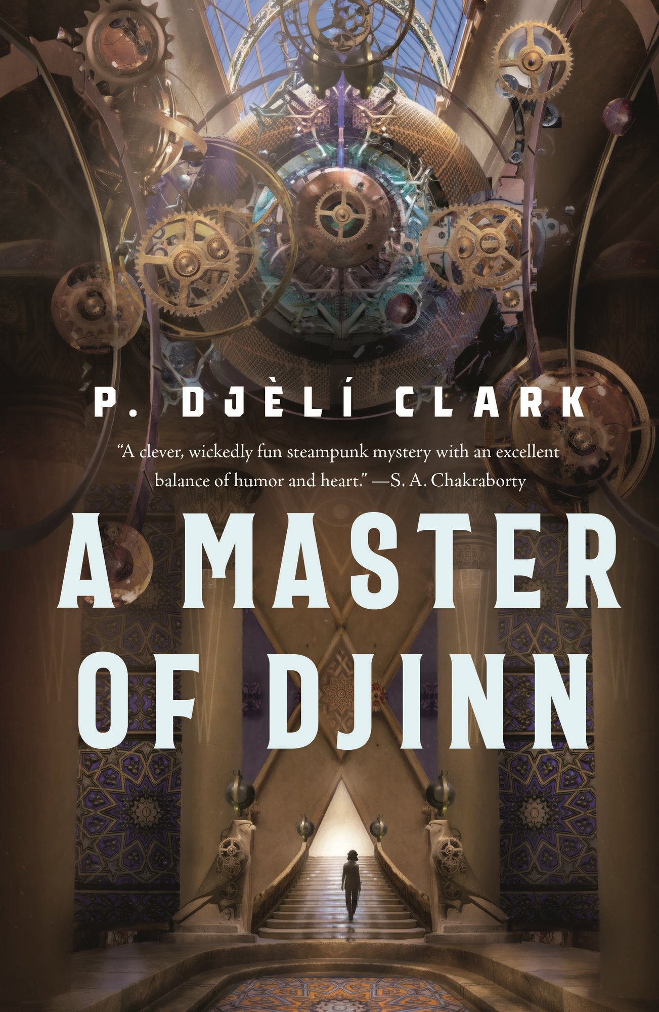 A Master of Djinn by P. Djeli Clark. The image depicts a large device acting as a chandelier in a brown room. Below, a silhouetted person walks up a set of stairs