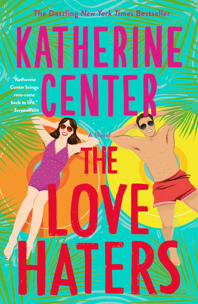 The cover of The Love Haters, an adult contemporary romance novel, features an illustration of a women in a one peice bathing suite on the left on an intertube, and a man in swim trunks on the right in an intertubes with palm leaves surrounding them