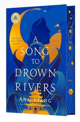 A Song to Drown Rivers by Ann Liang. A blue and gold book. A blue long-haired silhouette has a gold circle behind their head, and waves come up from below them. In the bottom middle is a golden Chinese-style building.