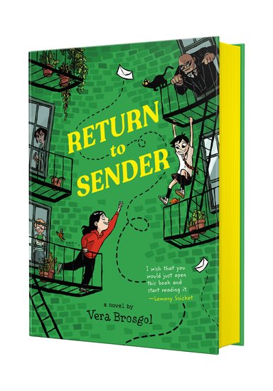 Book cover of Return to Sender by Vera Brosgol, featuring two light-skinned children on fire escapes reaching for envelopes that are flying through the air; various other figures look at them from windows and other landings.