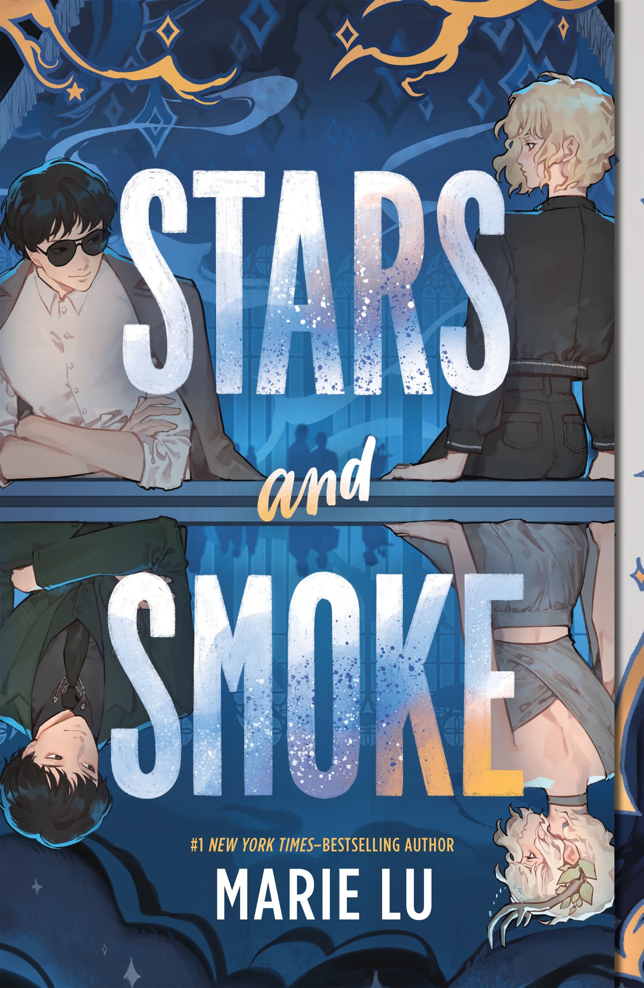 Stars and Smoke by Marie Lu book cover features the foreground dominated by bold, white, uppercase typography spelling out the title STARS AND SMOKE, which sweeps across the centre of the cover and gives an impression of both luminous spotlight and fading trail — the “stars” shining bright and the “smoke” hinting at something secret, dangerous, or transient. Behind and partially within the lettering are illustrated silhouettes of two figures: a dark‑haired young man and a light‑haired young woman positioned in opposition or contrast—back‑to‑back or facing away from one another, which suggests tension, duality, and partnership under duress.