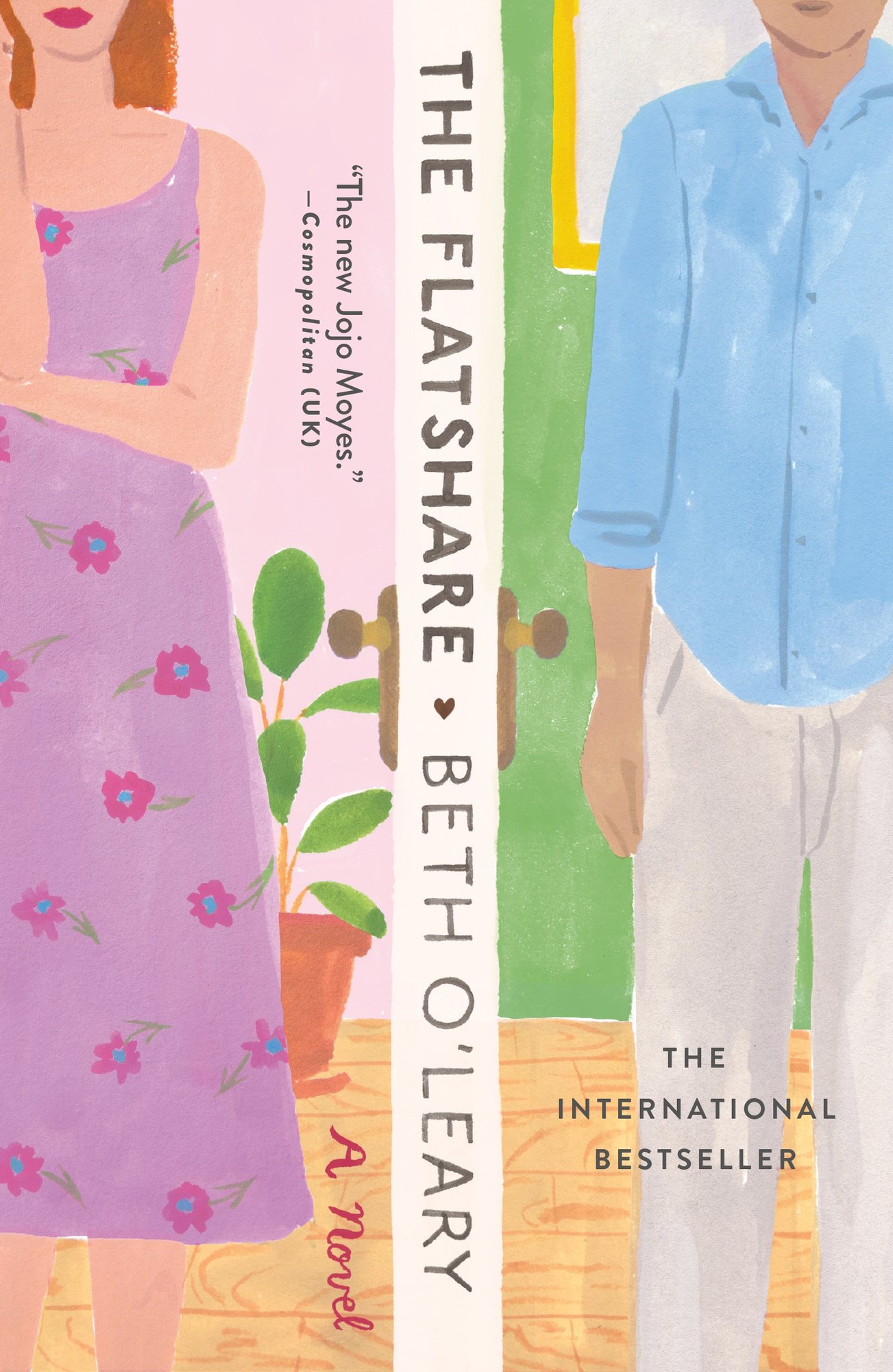 Cover of the romance book The Flatshare by Beth O'Leary. It is illustrated with a white line down the middle. On the left side is a young woman, in a long purple and floral dress. She has pink walls and a plant behind her on the wooden floor. On the right is a man in a blue button up and grey pants. He has green walls behind him and the same wooden floor as the woman's. It is also illustrated.