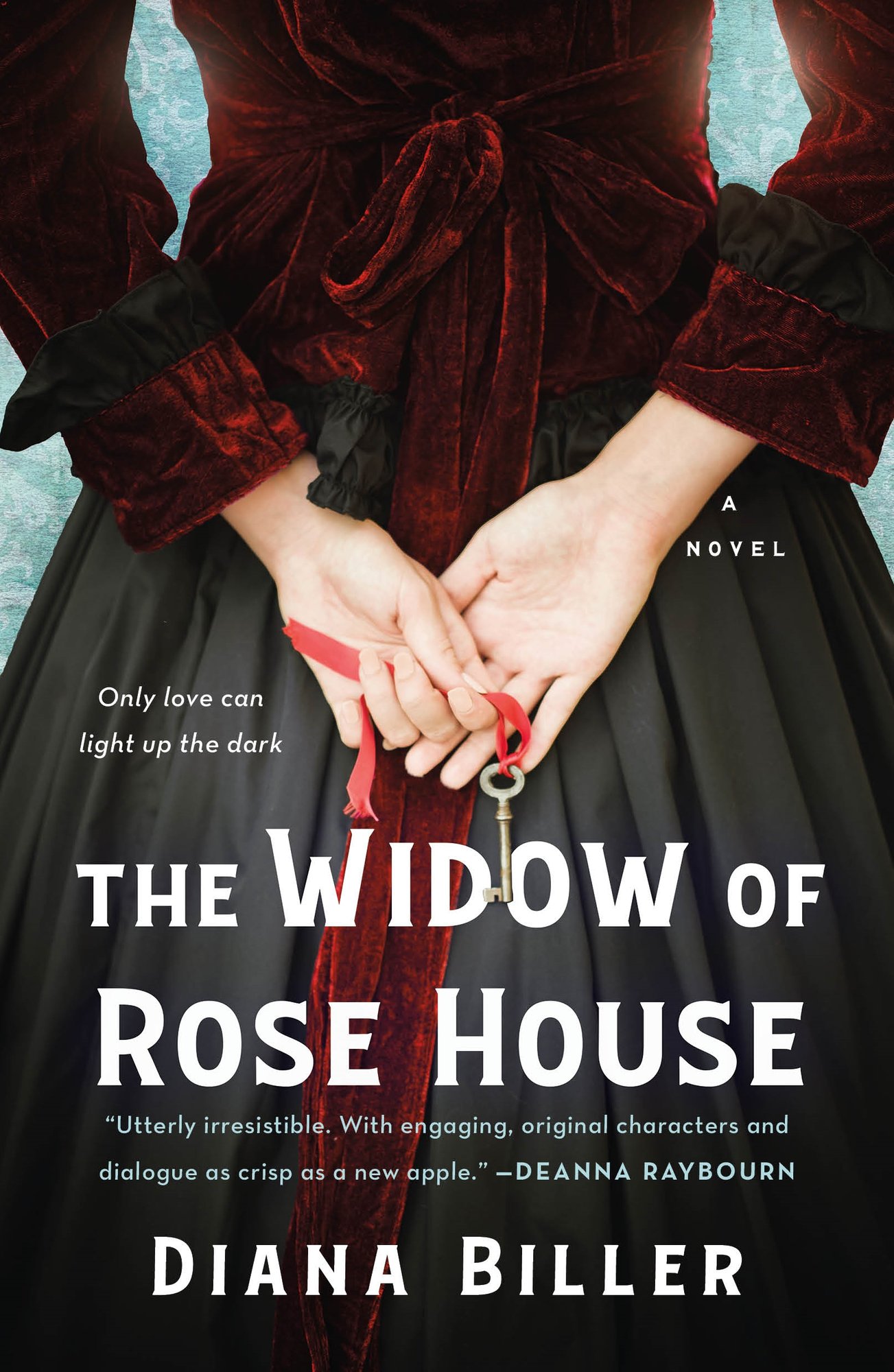 Cover of The widow of Rose House by Diana Biller. A women is in old fashioned dress with her hands behind her back holding a key.
