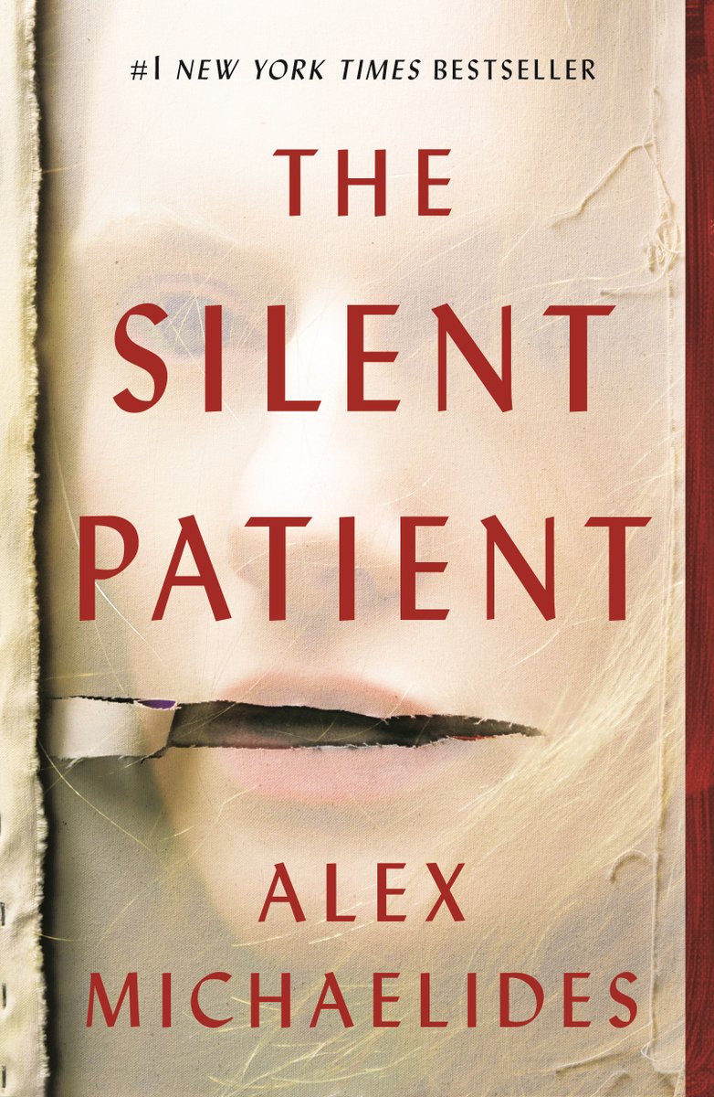 A faded image of a woman's face on rumpled paper with a rip in-line with the woman's mouth. "The Silent Patient" and "Alex Michaelides" is written in red.