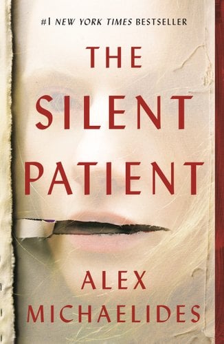 Book cover of The Silent Patient by Alex Michaelides, depicting a person faded in a cream background with a knife slit through where their mouth is located.
