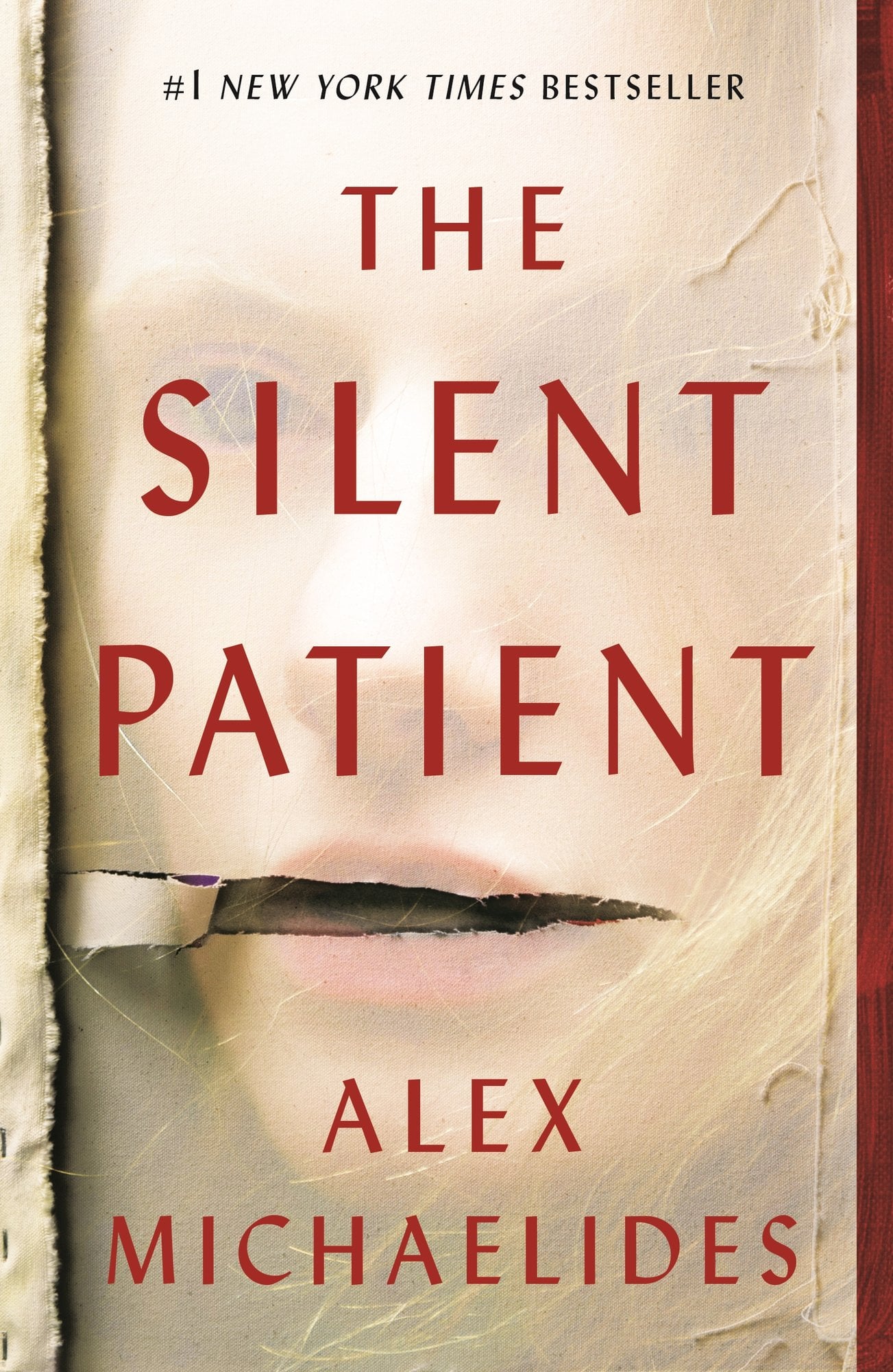 The Silent Patient by Alex Michaelides, a thriller book cover depicting a painting canvas with a faded image of a blond person behind it, a rip on the mouth of the person and the canvas.