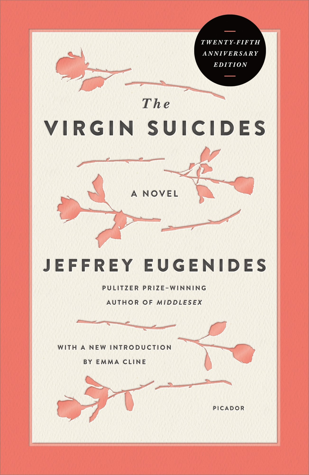 The Virgin Suicides by Jeffrey Eugenides, coming-of-age novel cover depicting a salmon pink border and creme color background with multiple flower stems.