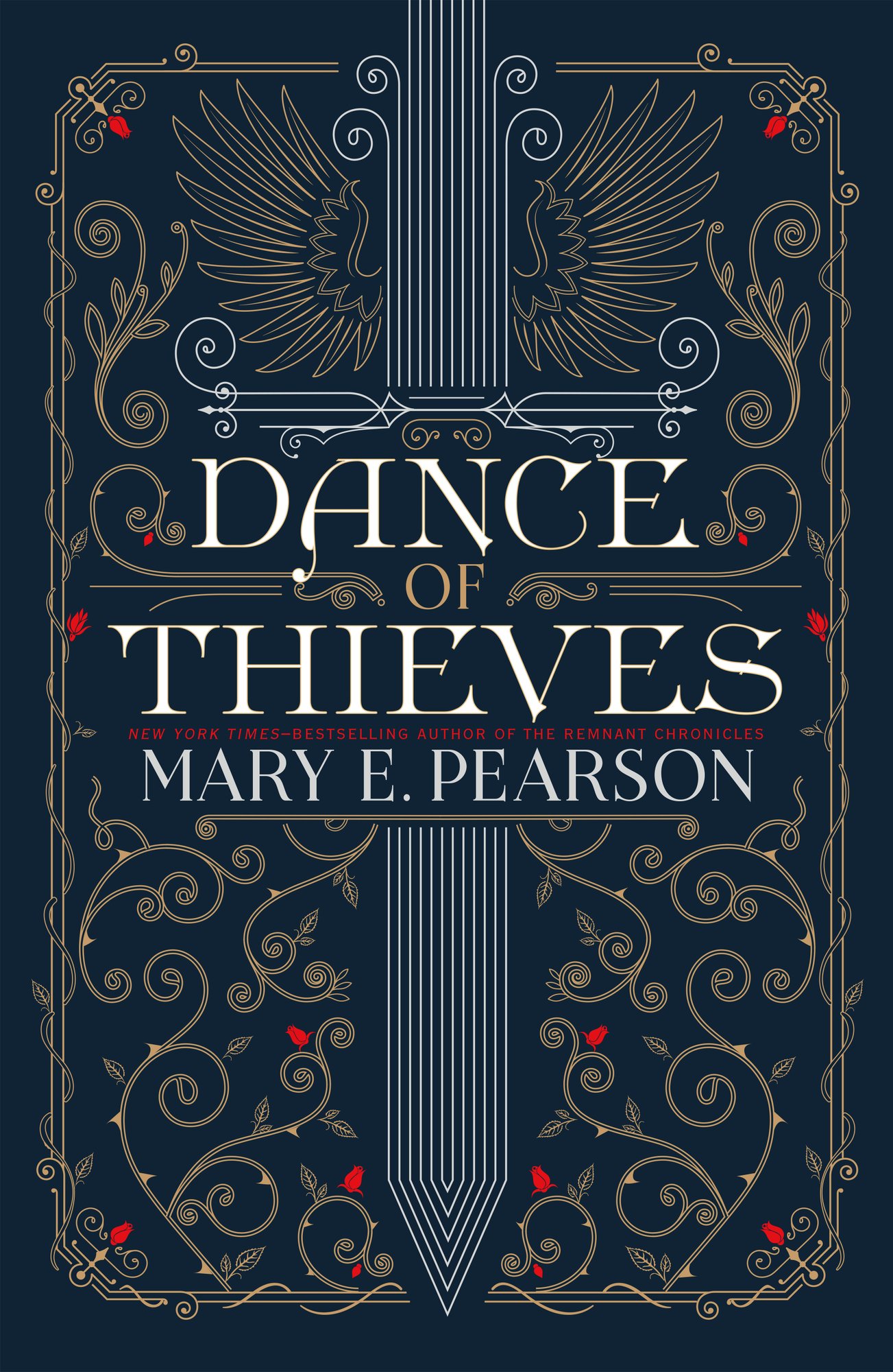 Book cover for Dance of Thieves by Mary E. Pearson, the first in the duology of the same name. The title and author name are in the middle of the cover, written in white. Behind them is a sword drawn out of lines and an plant embellished border and vines surround them.
