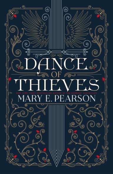 Dance of Thieves by Mary E. Pearson book cover. In a decorative illustrative style on a navy blue background, gilded vines decorate the blank space behind the title and surrounding a sword drawn from many individual vertical lines with wings coming out of the hilt.