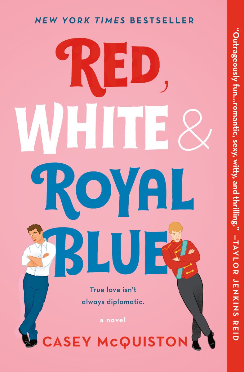 The title "Red, White, and Royal Blue" is elegantly displayed against a light pink background, with both protagonists leaning in from each side, adding a sense of symmetry and intimacy to the cover design.