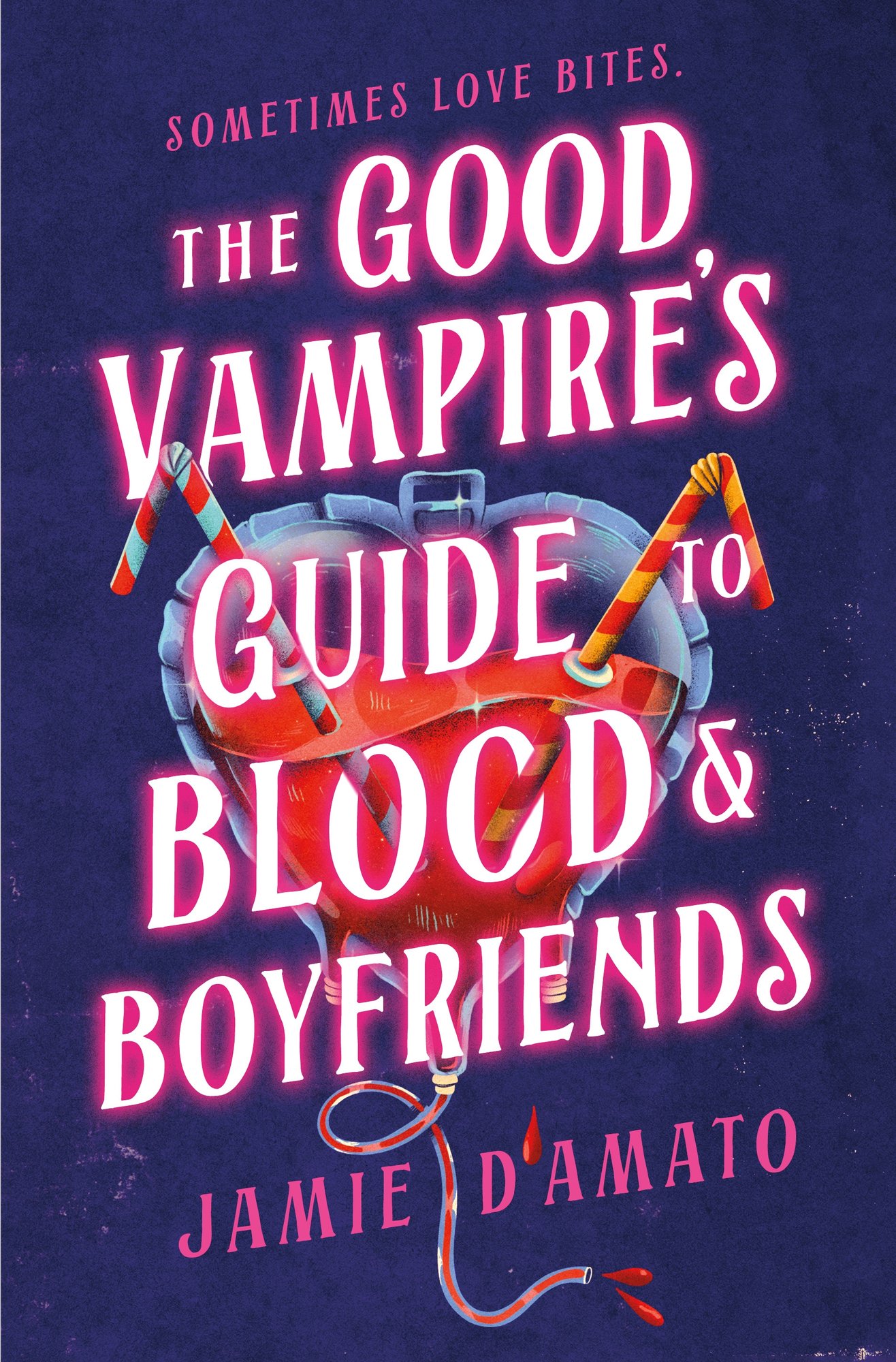 The book cover for The Good Vampire's Guide to Blood & Boyfriends. A dark purple background with a heart-shaped blood bag with two striped straws poking out of it. The title is in glowing pink text.