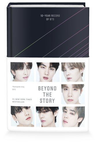 Beyond the Story: 10-Year Record of BTS by Myeongseok Kang and BTS book coverTop half of book is black and the bottom half has squares with the BTS members pictures