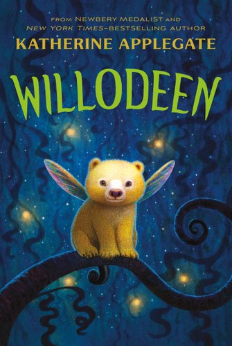 A dark night sky with stars. A small bear with humming bird wings sits on a curvy tree branch.