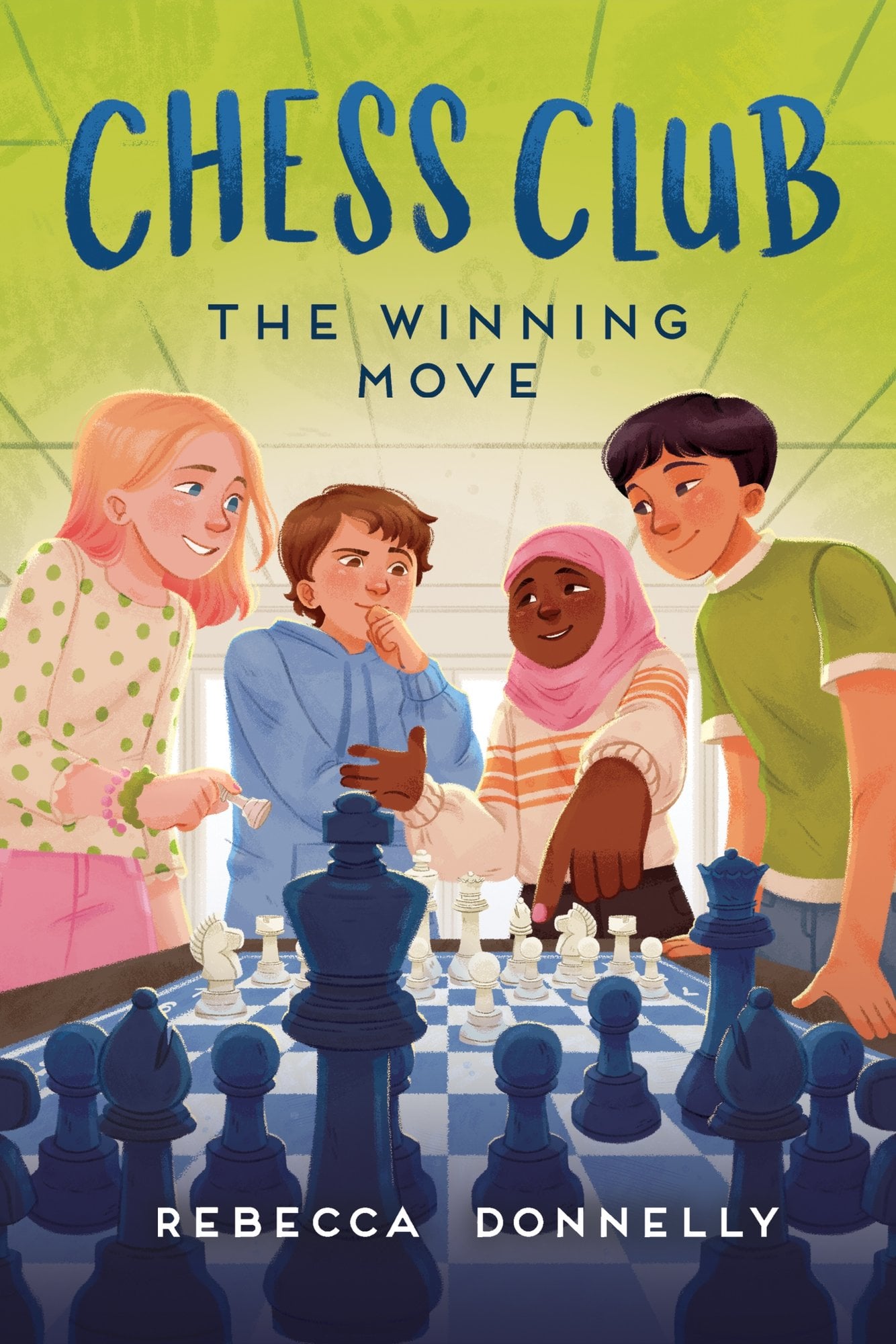 Book cover of Chess Club: The Winning Move by Rebecca Donnelly, Illustrated by Isabelle Duffy, featuring a group of children diverse in skin tone and hair color/texture, conferring over a chess board.