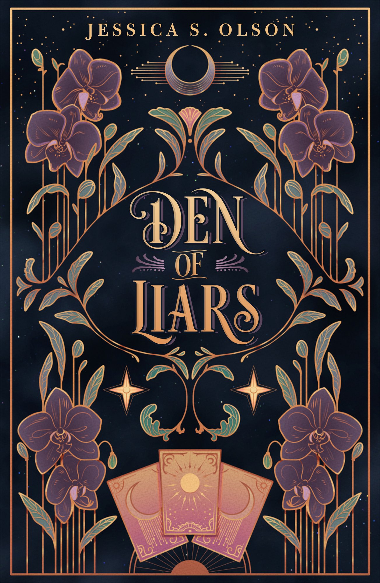Cover of Den of Liars by Jessica S. Olson. Black background with green leaves and vines on the page. At the bottom, there are tarot cards.