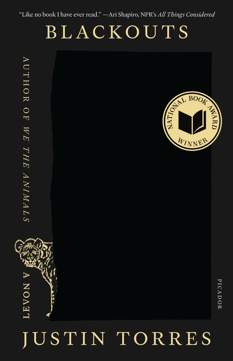 Blackouts cover by Justin Torres. A gold tiger peeking out from behind a black wall.