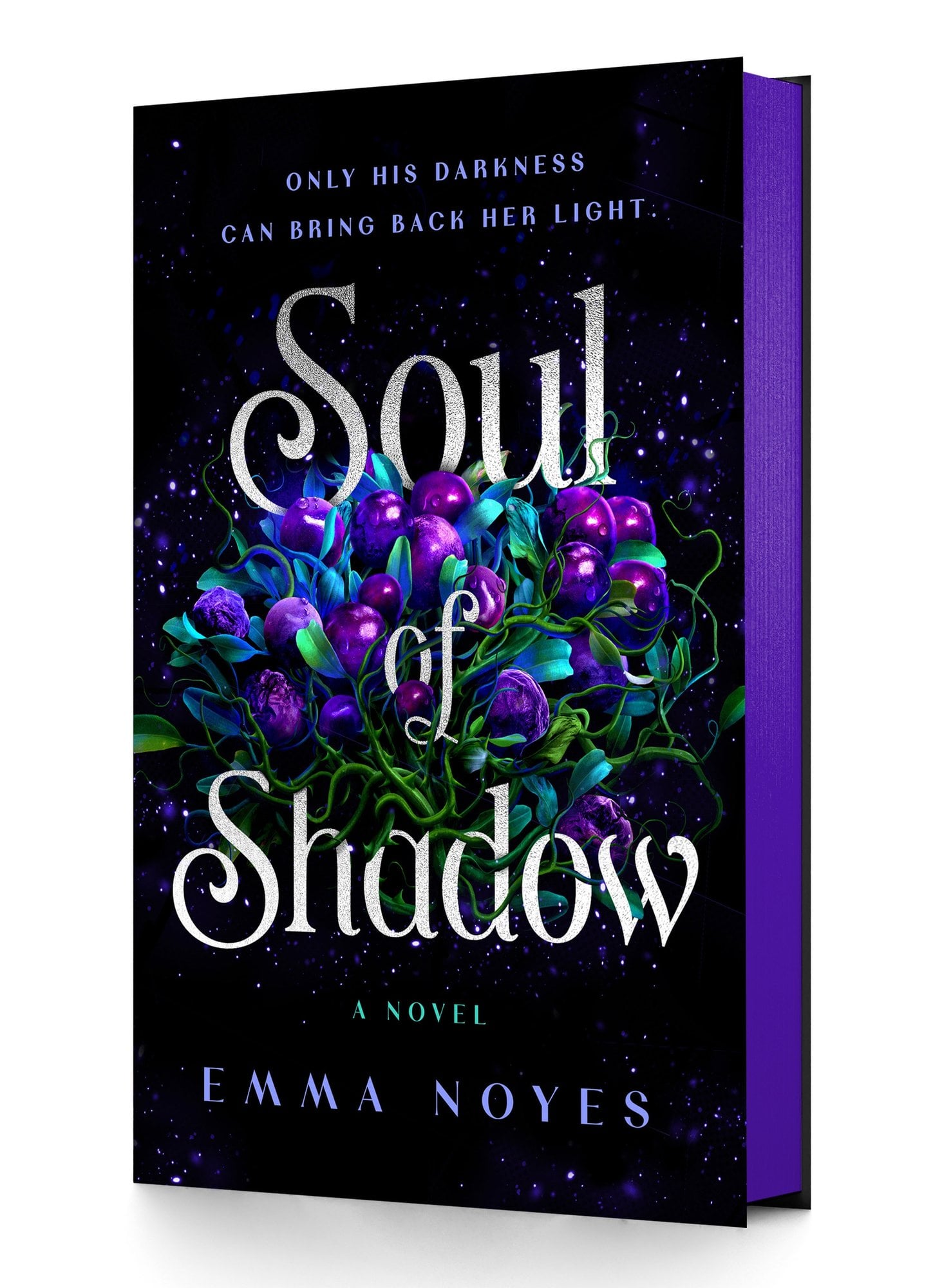 Cover of Soul of Shadow by Emma Noyes. It is a black background with a bouquet of blue, purple, and teal tulips. There is also white stars and sparkles.
