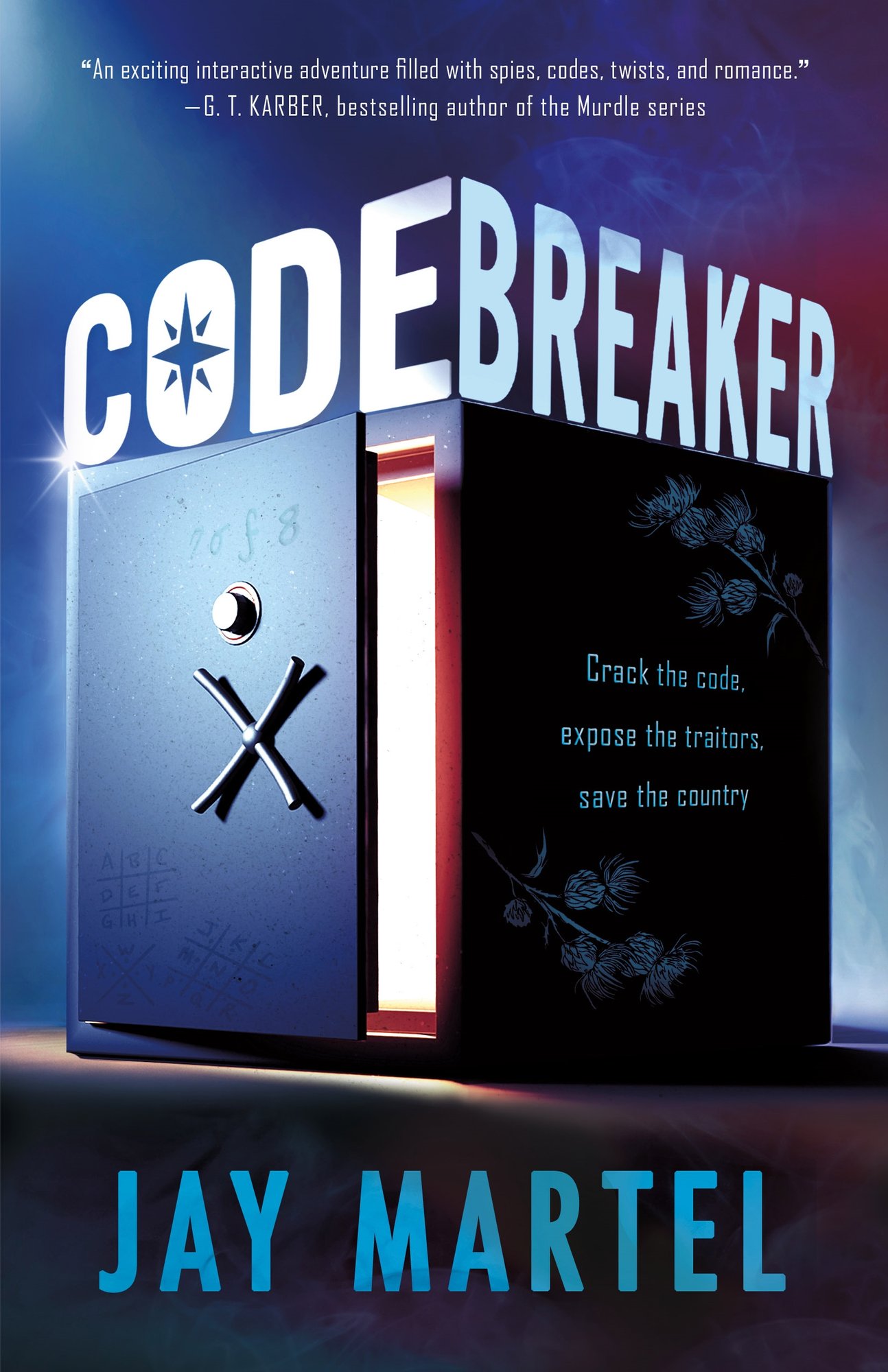 Cover of Codebreaker by Jay Martel. Blue and red smoky background with a safe on the table. The safe is slightly open, showing a yellow light inside.