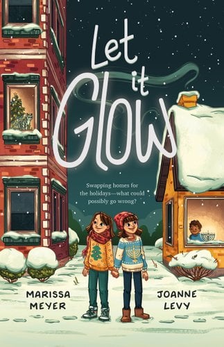 Let it Go with two girls hold hands in front of two houses with snow on the ground. One has a Christmas sweater on and the other a Hanukkah sweater.