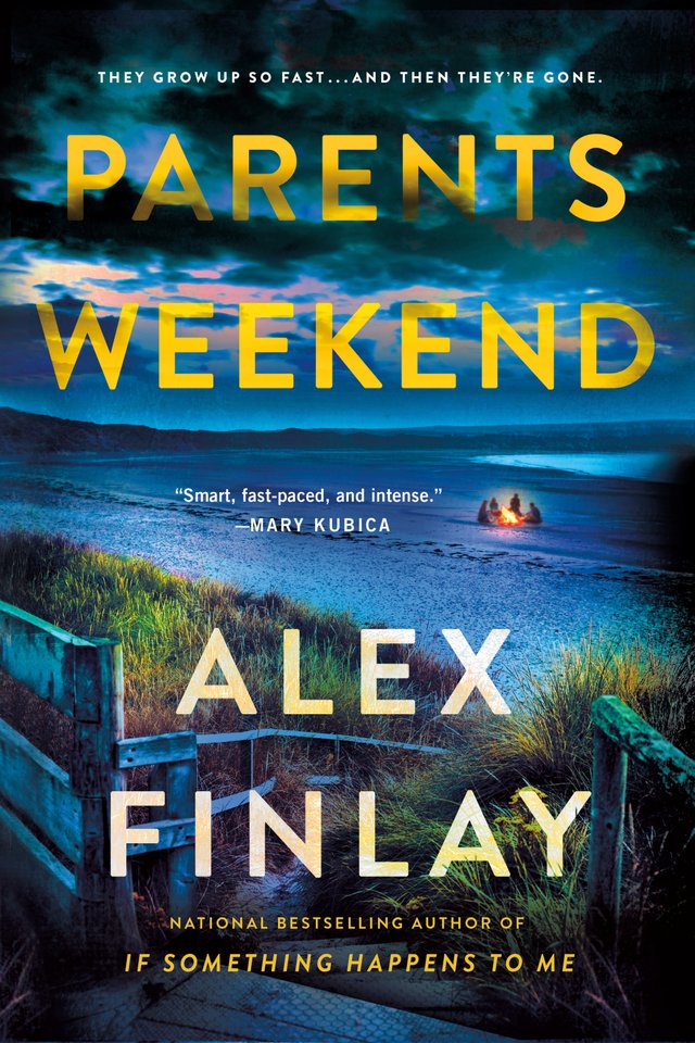 the cover of Parents Weekend, a mystery and thriller novel, features an image of wooden walkway to a beach with people sitting around a bonfire in the distance