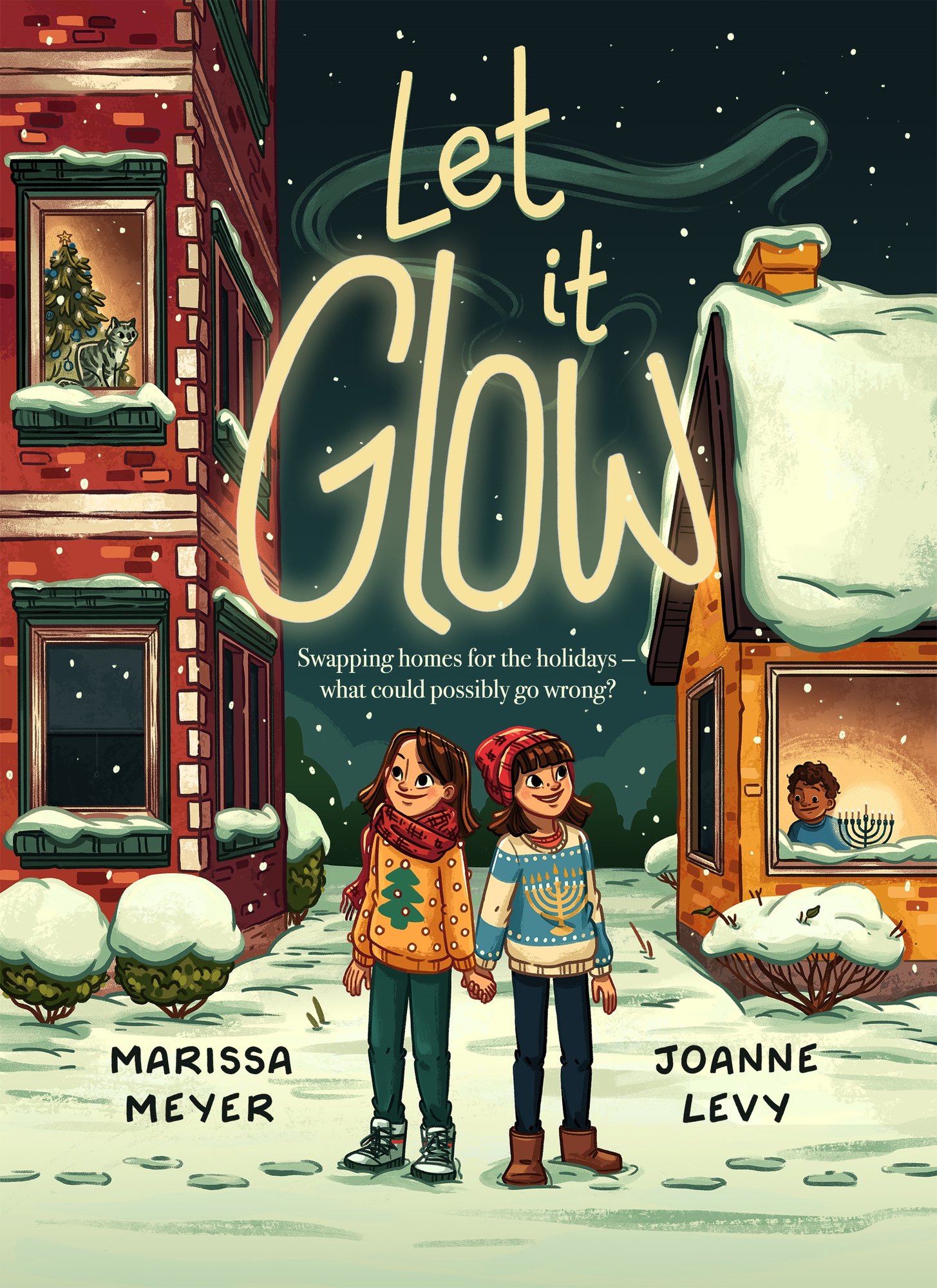 Let it Glow by Marissa Meyer and Joanne Levy, a middel grade children's book cover depicting two girls holding hands in the middle of a snow covered street between two houses, one Jewish and one Christian.