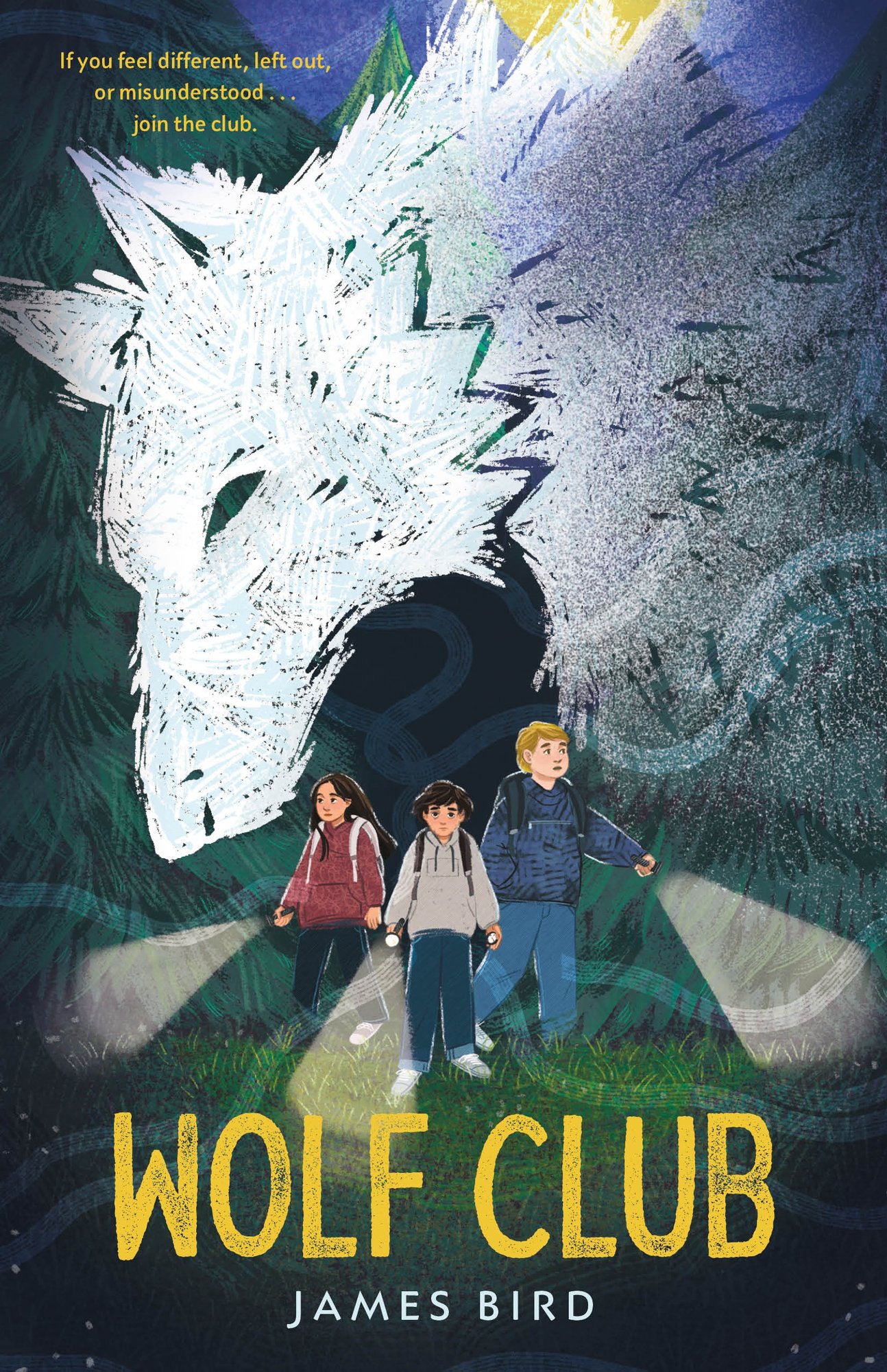 Book cover of Wolf Club by James Bird, featuring two brown-skinned, dark-haired youths - one with long hair, one with short - and a third light-skinned youth with short blond hair, wearing backpacks and holding flashlights as they walk through a night forest. Above them is an ephemeral silhouette of a white wolf.