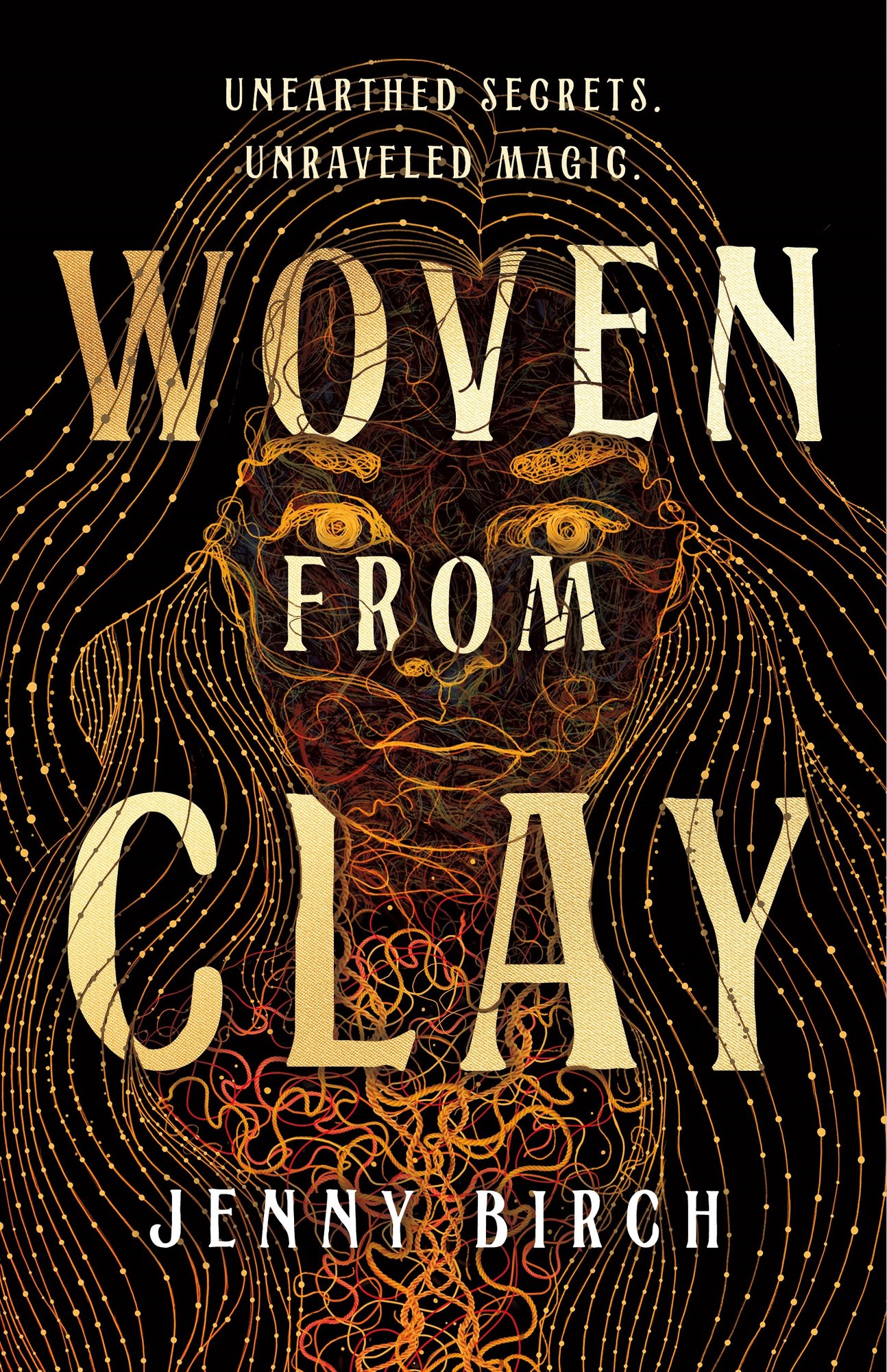 Book cover for fantasy novel for "Woven From Clay" by Jenny Birch. The cover depicts the outline of a young woman made from lights.