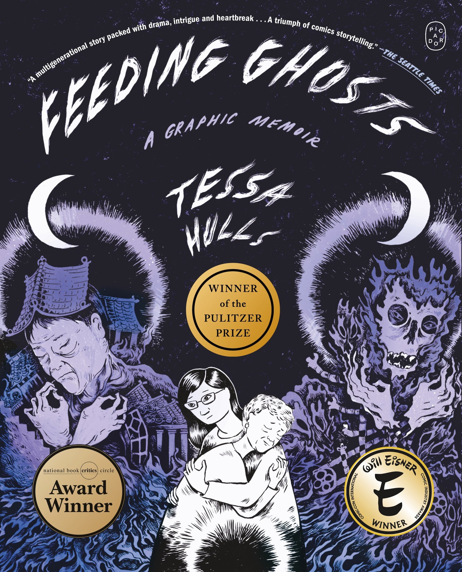 Feeding Ghosts: A Graphic Memoir by Tessa Hulls, a memoir book cover depicting a line-drawing of two women embracing: a younger woman cradles an older woman in a tender hug. On either side behind them are ghostly, spectral figures: to the left, a woman with downcast eyes and her hands over her chest, and to the right, a more abstract, monstrous face with hollow eyes and jagged, flowing lines. Both are drawn in shades of pale blue and white.