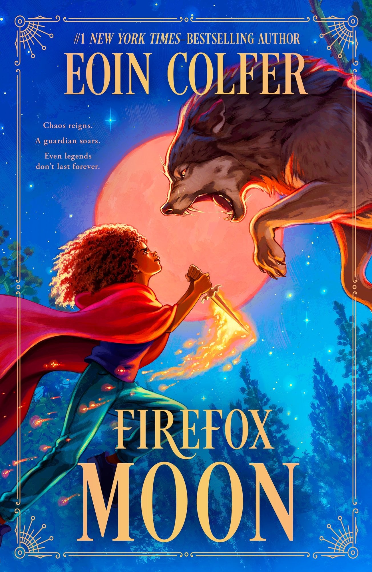 Firefox Moon by Eoin Colfer cover that shows a girl with thick, curly hair holding a fiery knife and red cape around her as she jumps towards a large, brown werewolf coming at her. The background has a red moon and a dark forest cast in dark navy blue. The title is at the bottom in elegant all caps font. The author's name in the same font is at the top but smaller.