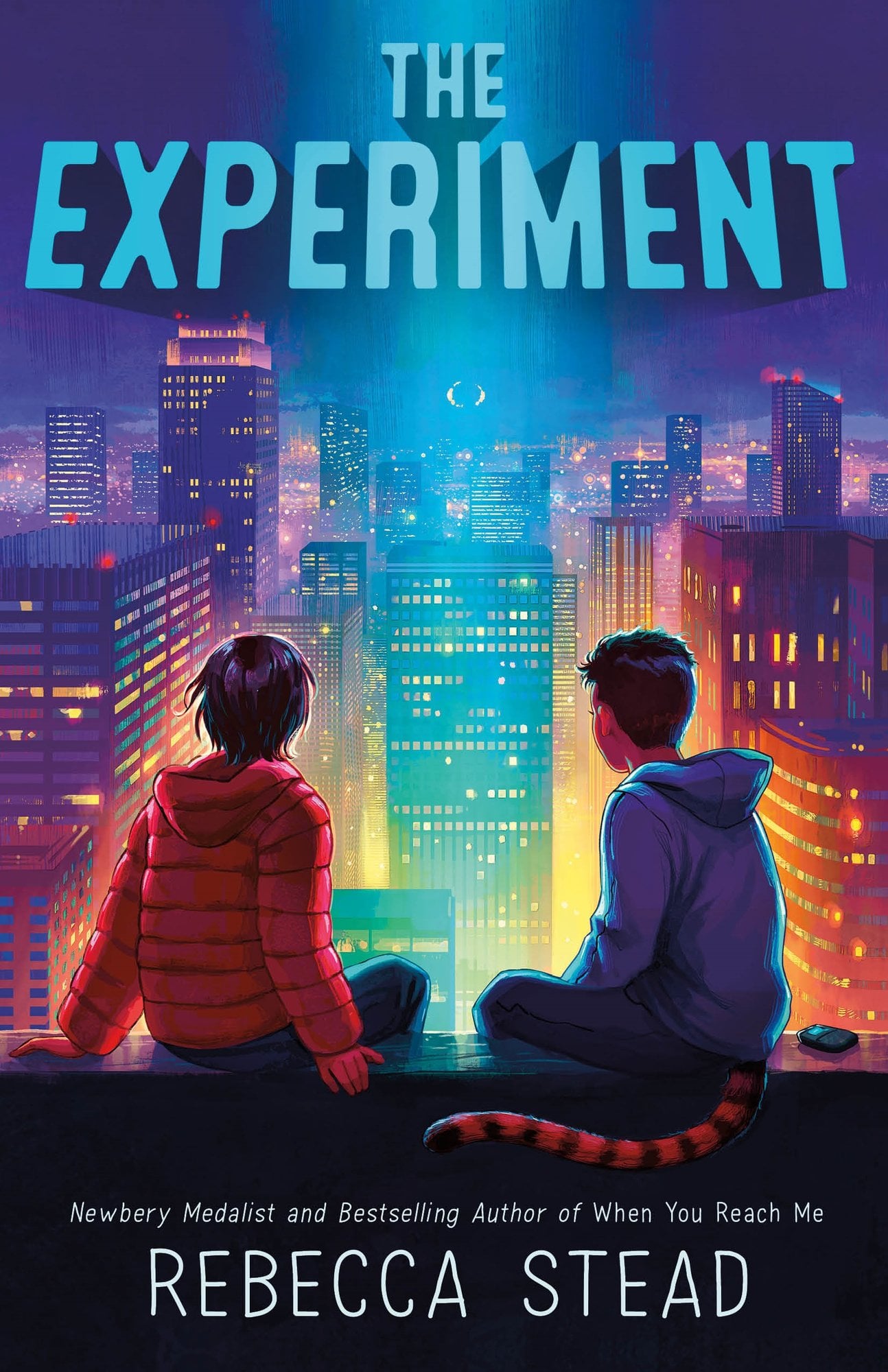 Book cover of The Experiment by Rebecca Stead, featuring two tan-skinned youths with short dark hair - one with an orange and black striped tail emerging from under his sweatshirt - look out over a city at night from a high vantage point.